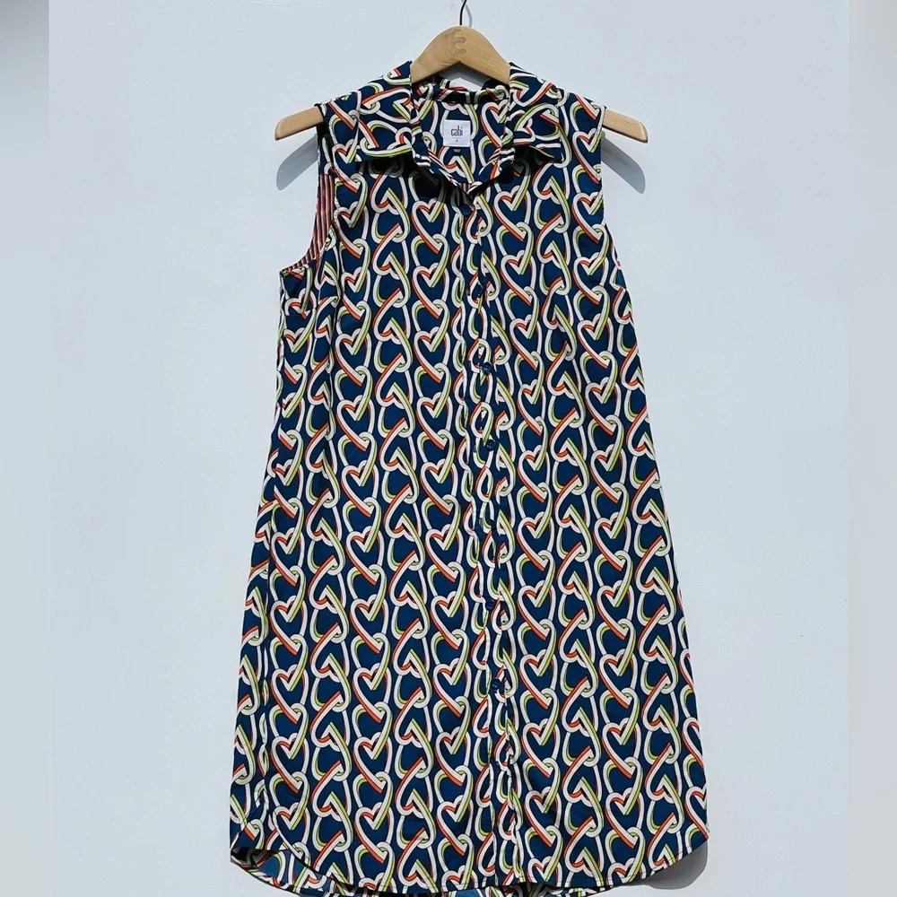 Cabi Amour Dress Size S Heart Chain Print Navy Blue White Collared Casual